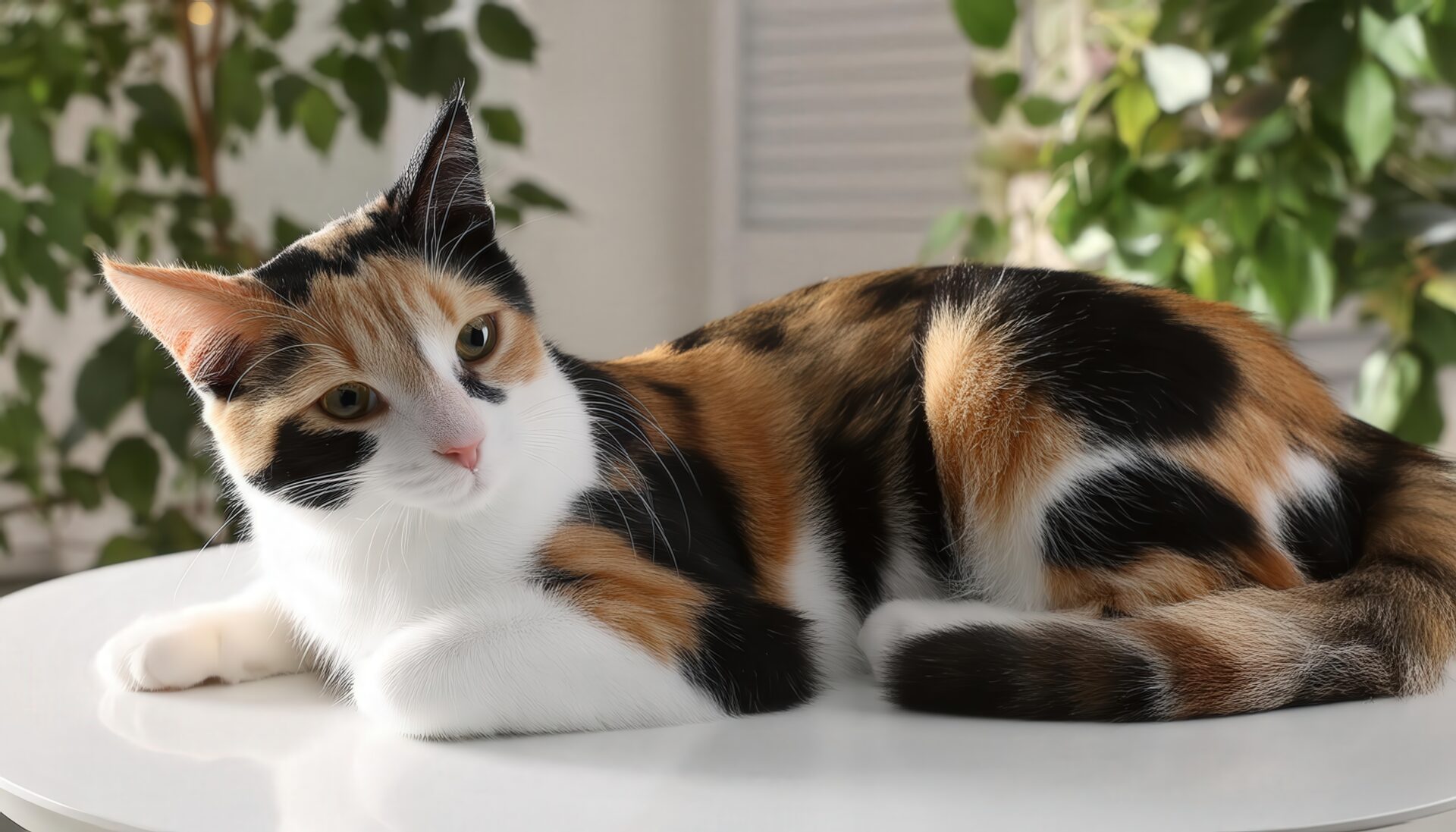 緑の中でくつろぐ三毛猫