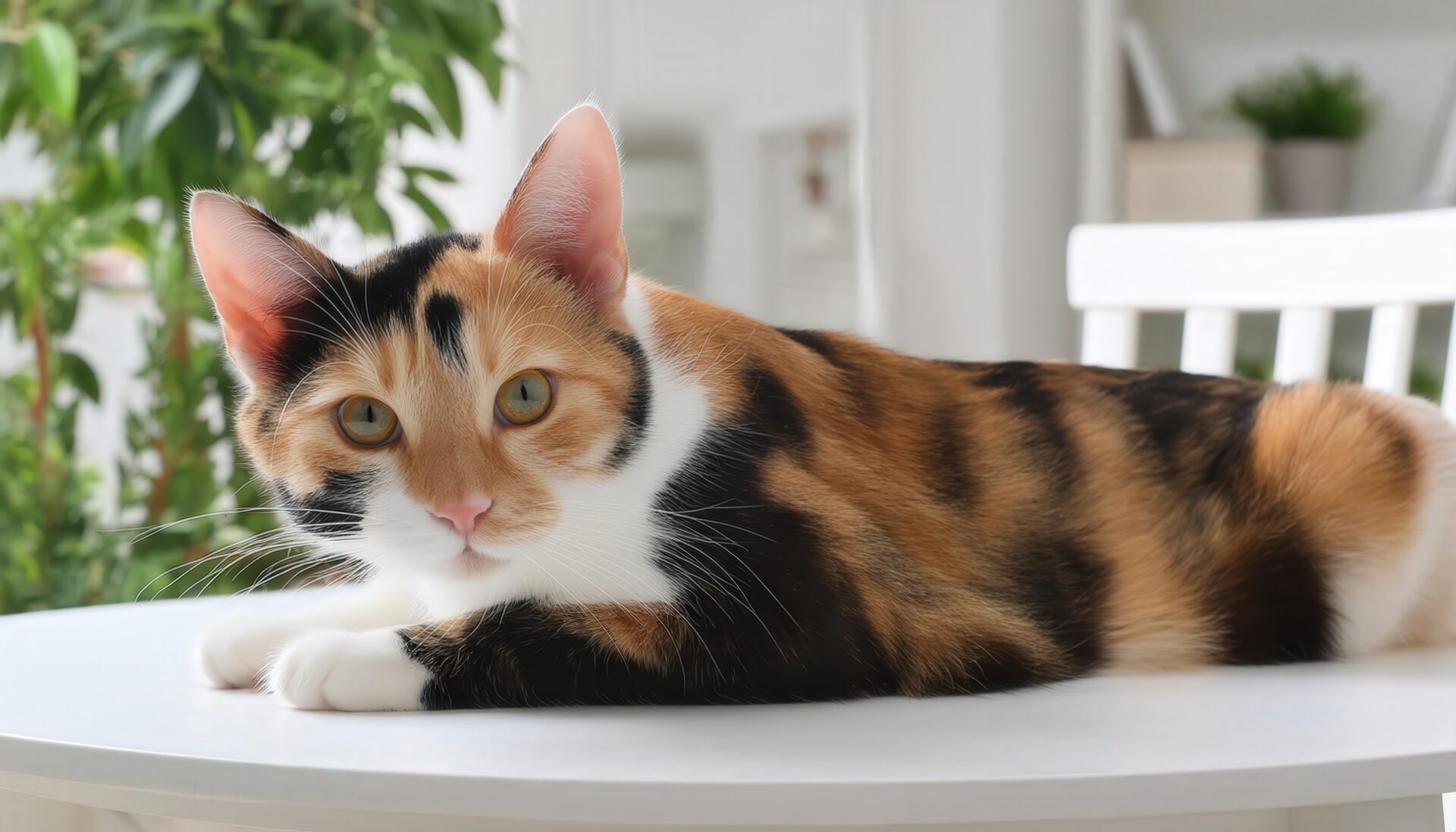 観葉植物と三毛猫のくつろぎ