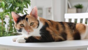 観葉植物と三毛猫のくつろぎ