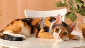 カフェ風テーブルと三毛猫