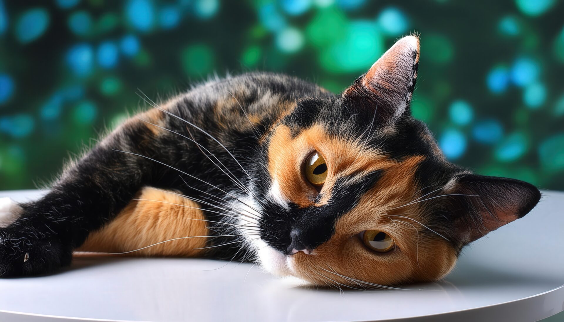 グリーン背景の三毛猫アップ