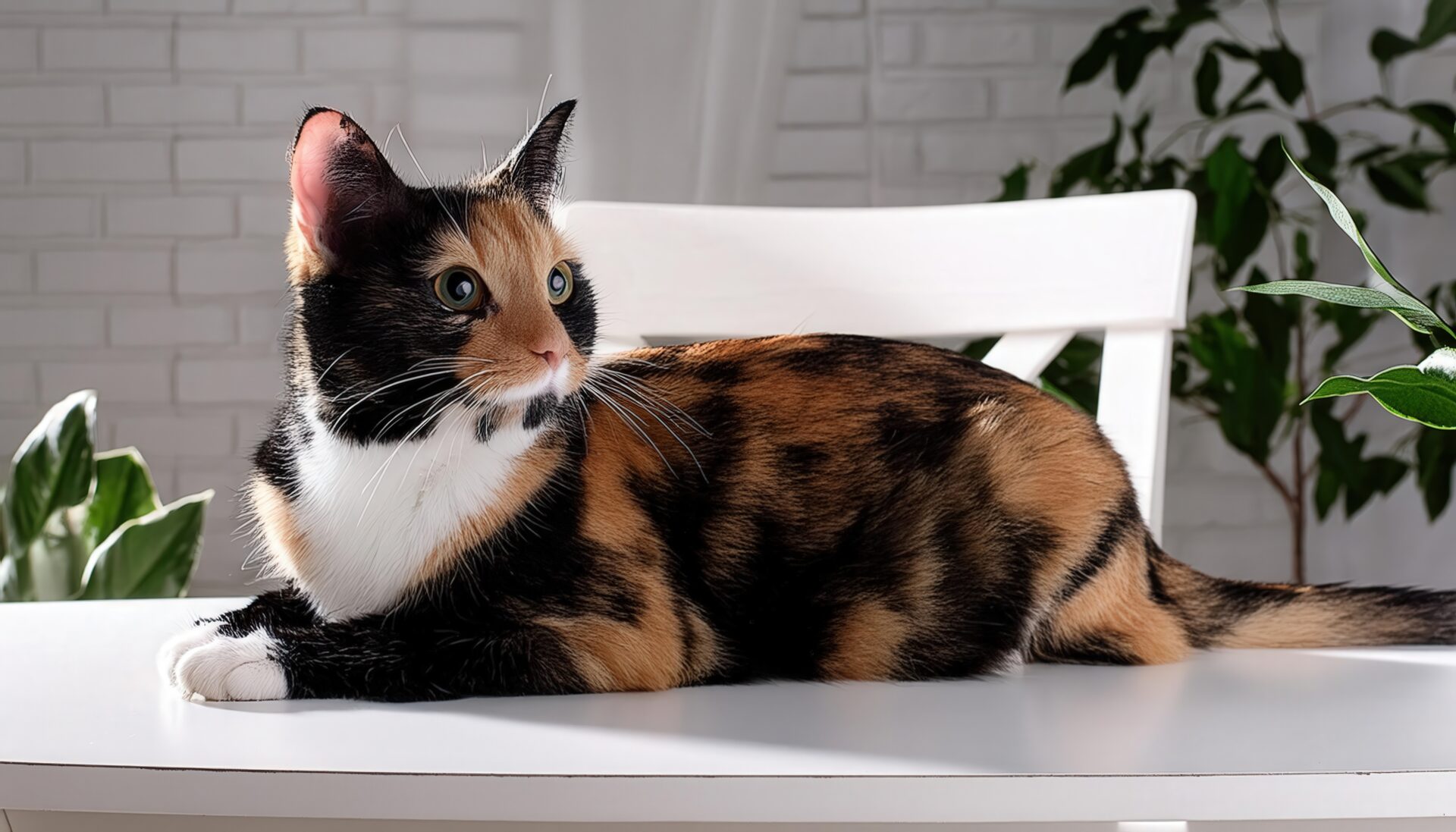 白い椅子と三毛猫