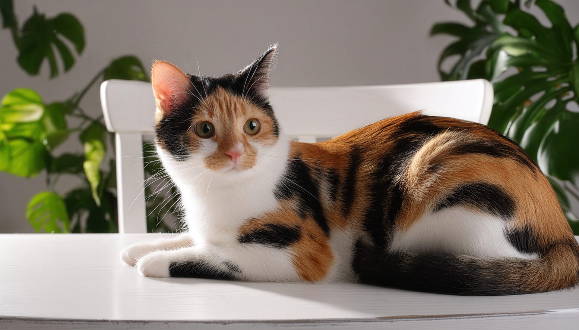 光差し込む三毛猫の横顔