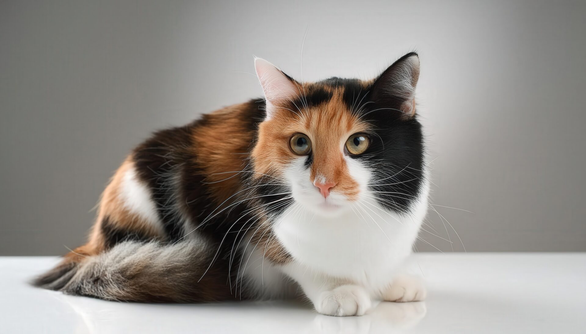 シンプル背景の三毛猫ポートレート