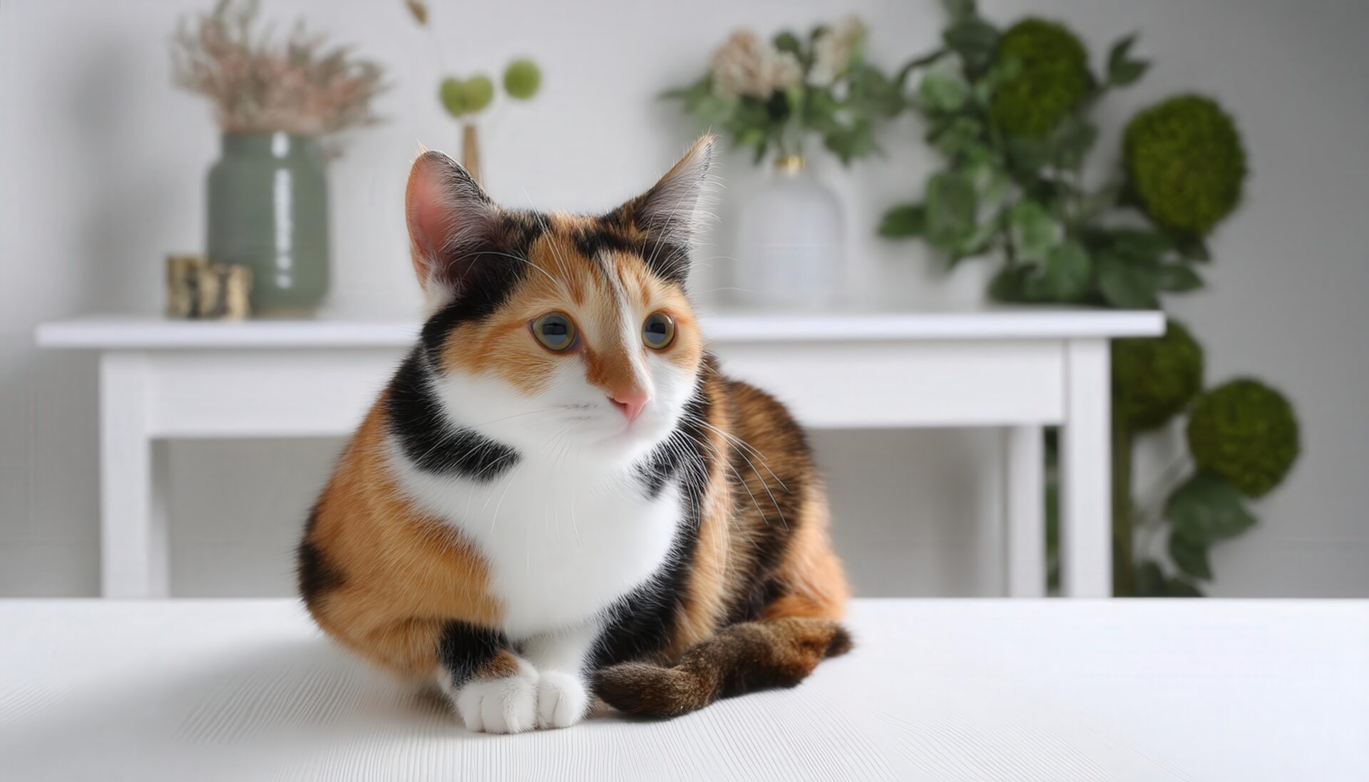 三毛猫のポートレート（白テーブルと花の背景）