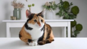 三毛猫のポートレート（白テーブルと花の背景）