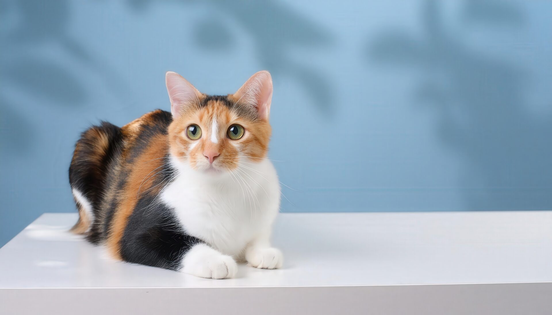 三毛猫のポートレート（青背景）