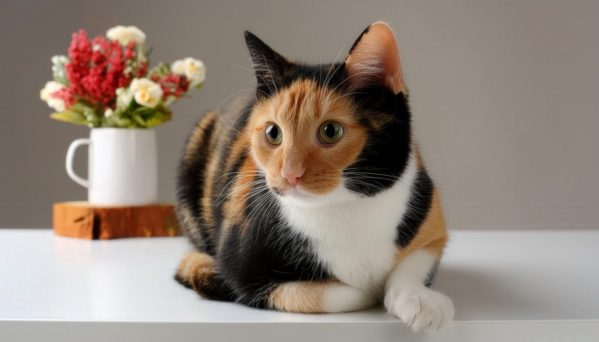 三毛猫と花のあるインテリア