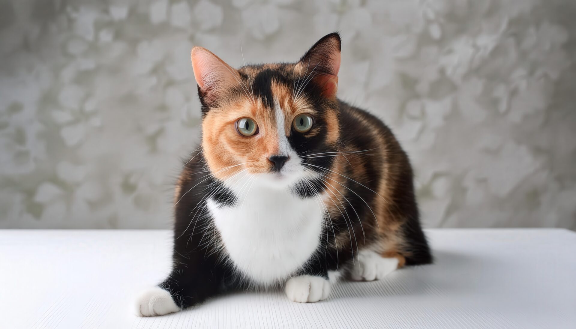 三毛猫の正面ポートレート（グレーフラワー背景）