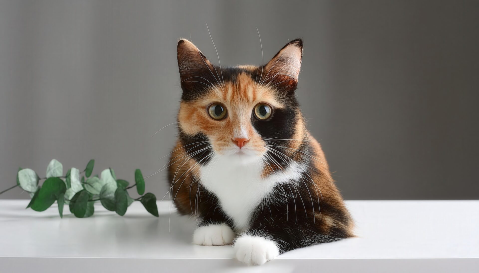 三毛猫と観葉植物（白テーブル）