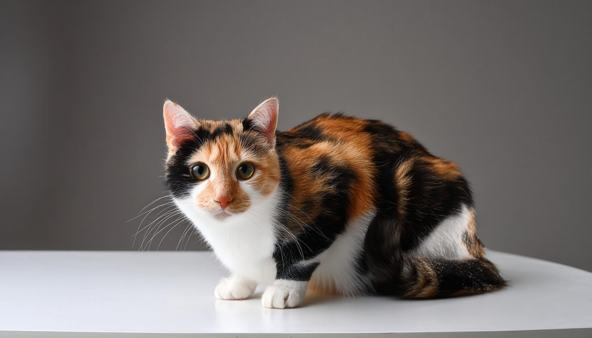 三毛猫のサイドポートレート（グレー背景）