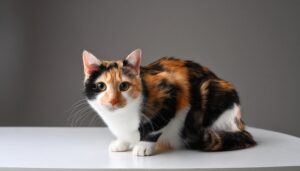 三毛猫のサイドポートレート（グレー背景）