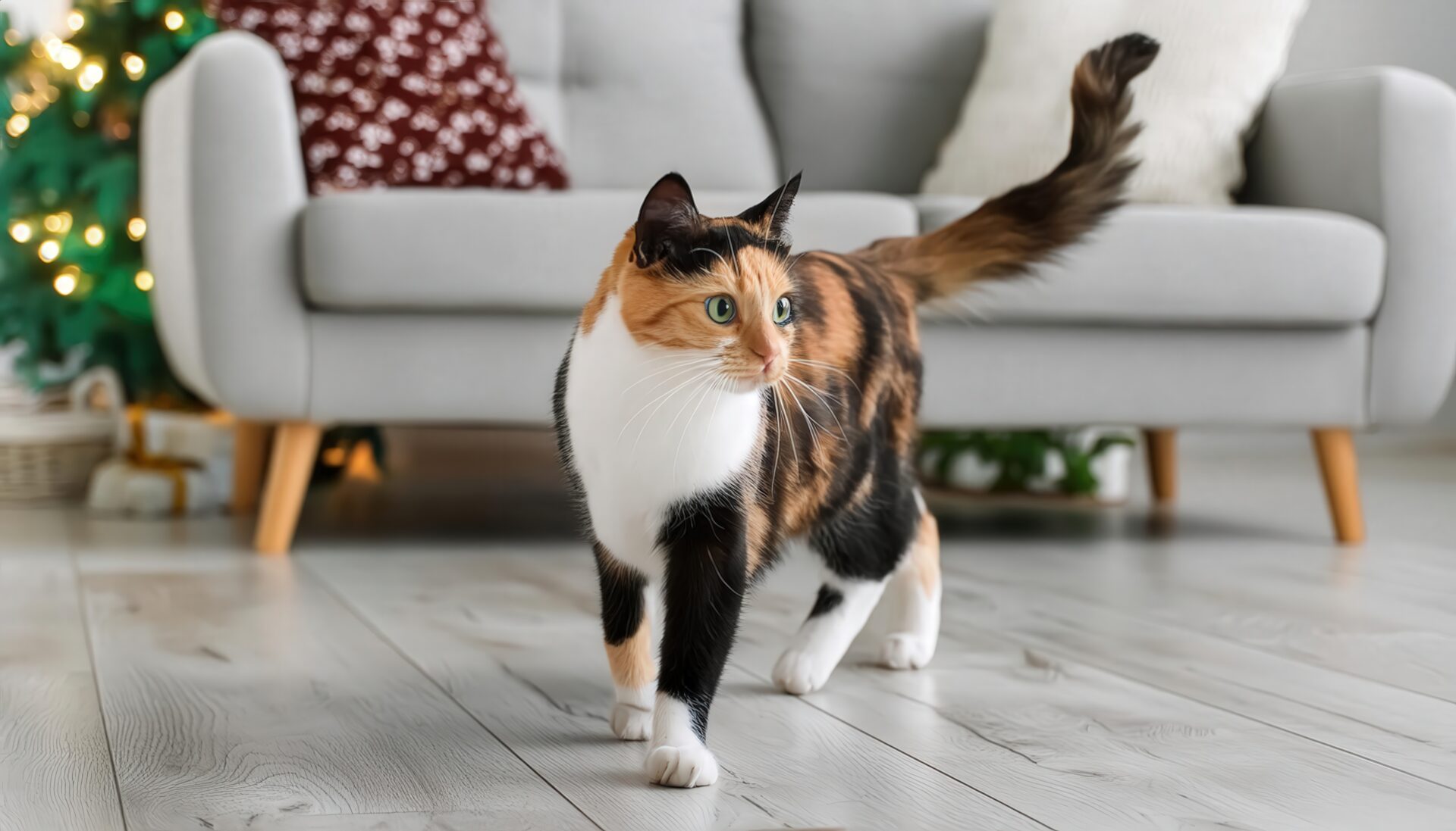 室内を歩く三毛猫とクリスマスツリー