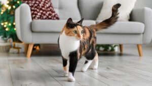 室内を歩く三毛猫とクリスマスツリー