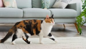 室内を歩く三毛猫（明るい部屋）