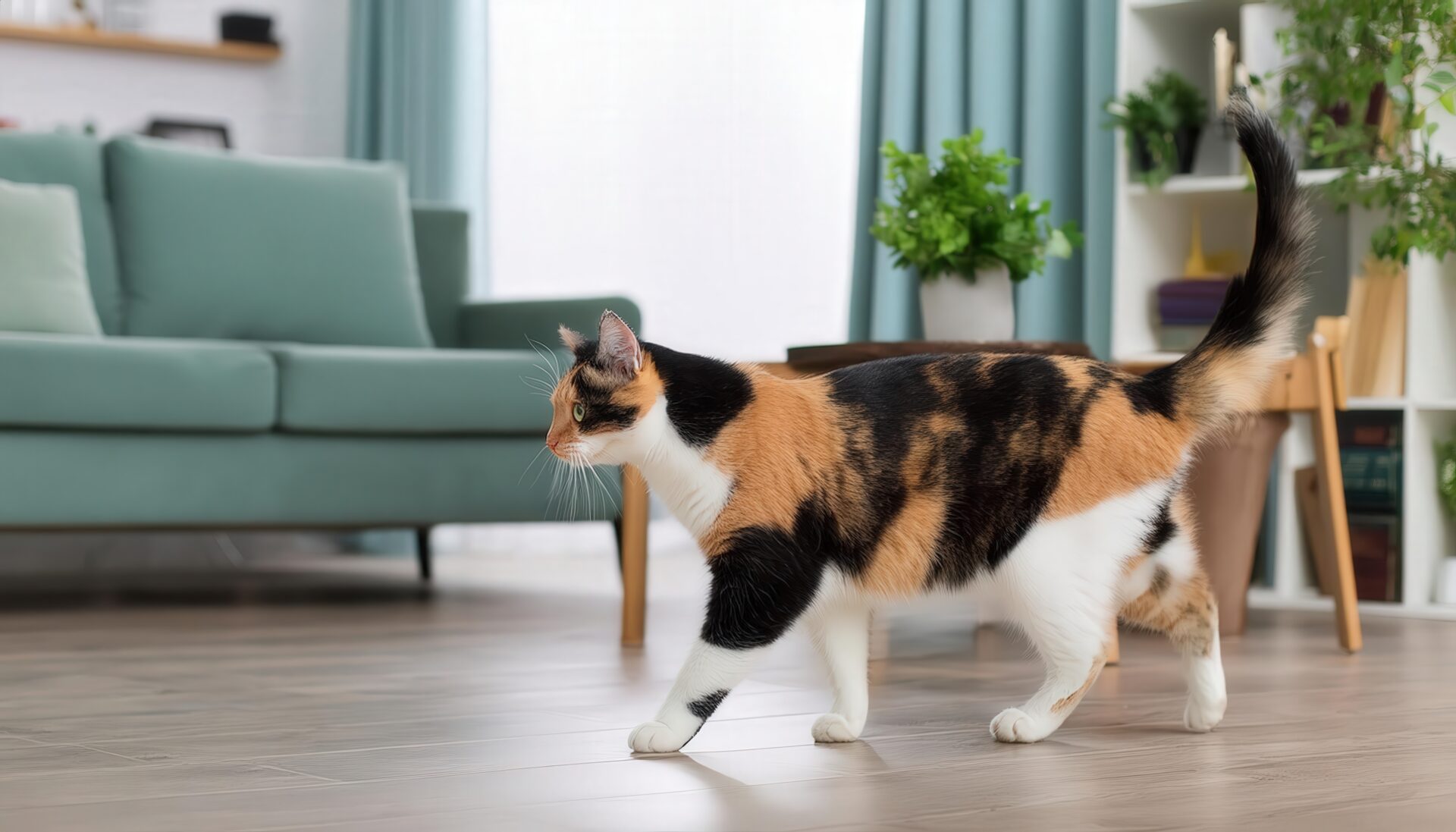 室内を歩く三毛猫と観葉植物
