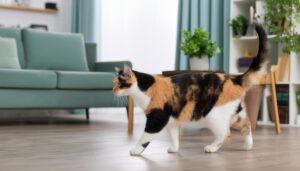 室内を歩く三毛猫と観葉植物