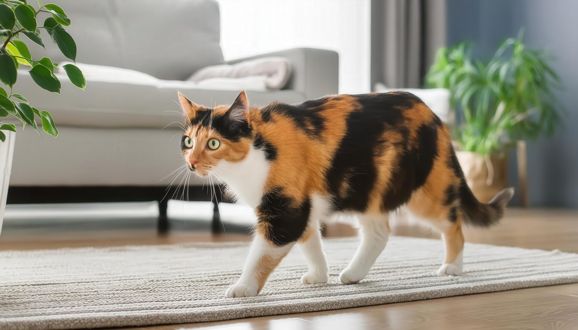 室内を歩く三毛猫とカーペット