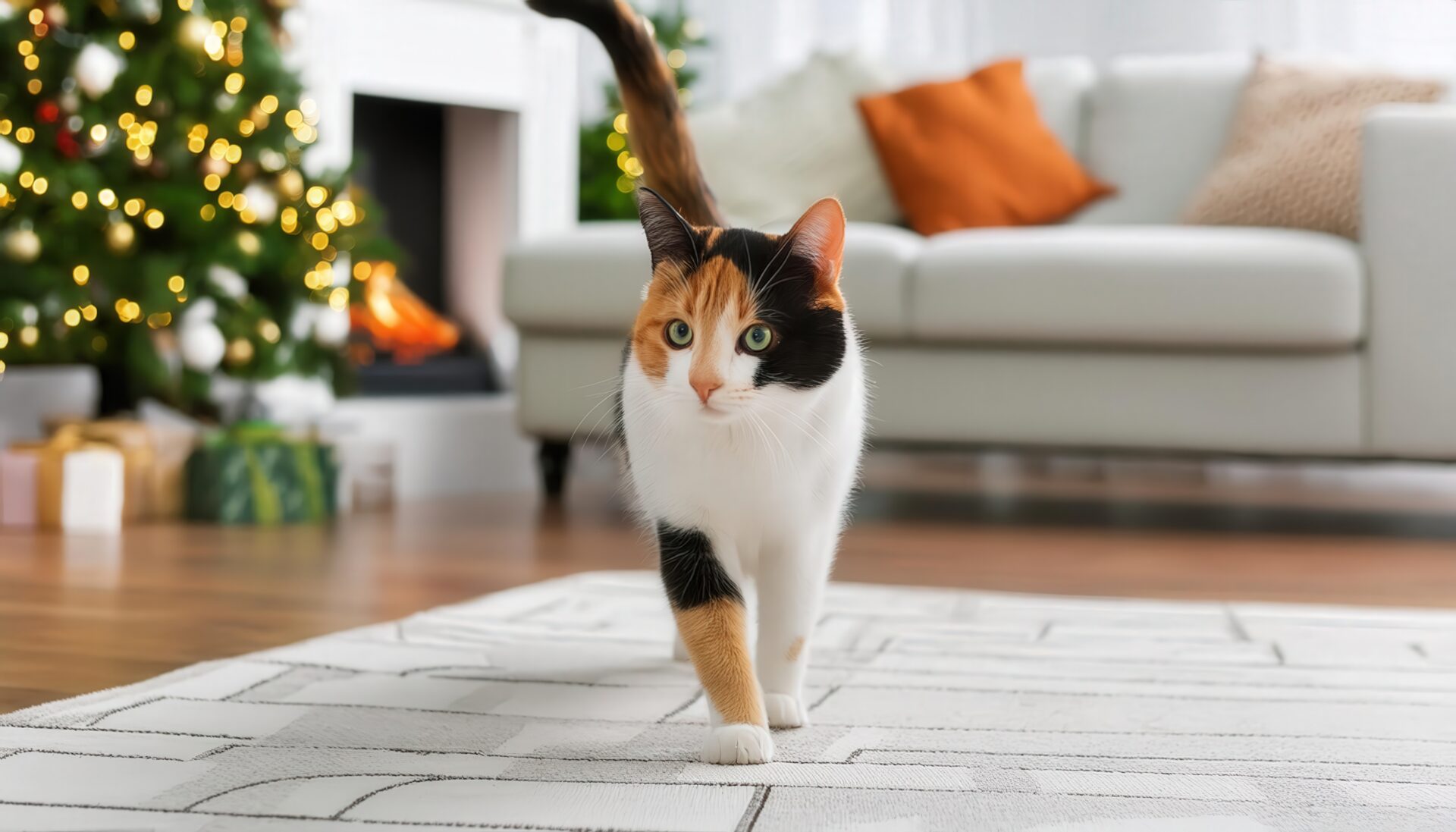 クリスマスツリーと三毛猫の正面ショット