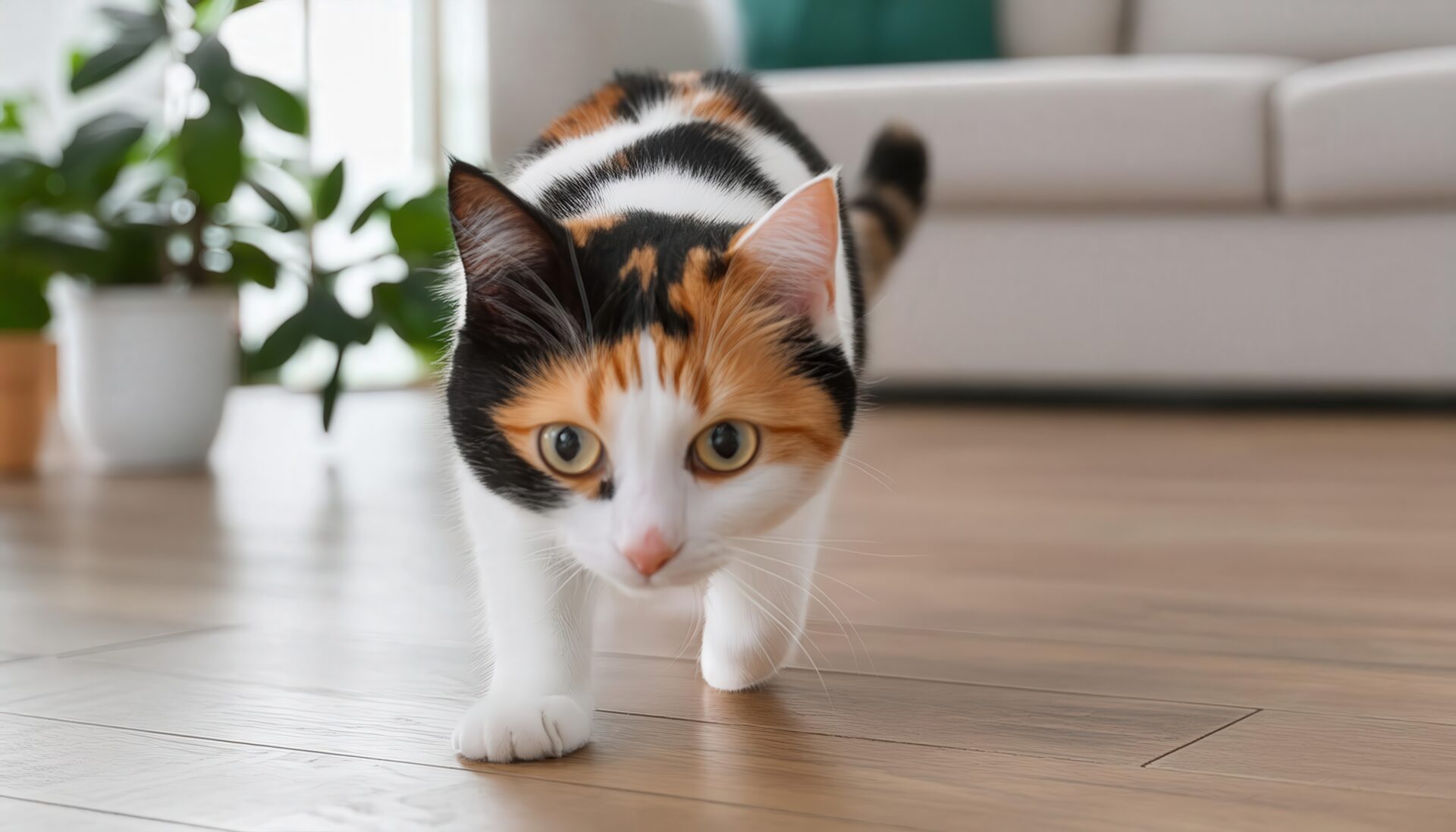 カメラに近づく三毛猫