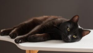 黒猫が横たわる姿（木製テーブル）