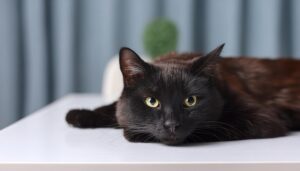 黒猫と青カーテンの背景