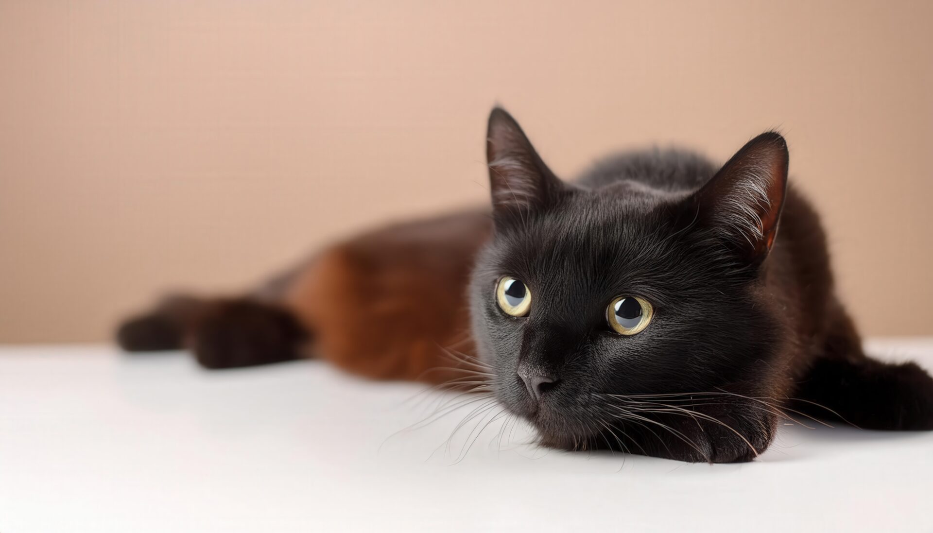 黒猫の見上げるポーズ（ベージュ背景）