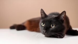 黒猫の見上げるポーズ（ベージュ背景）