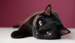 黒猫のリラックスショット（ワインレッド背景）
