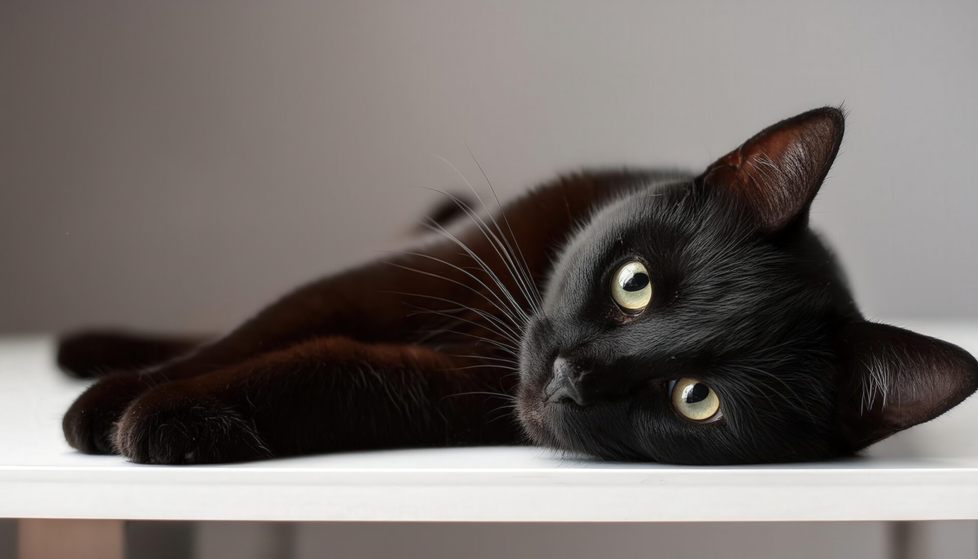黒猫のリラックスショット（グレー背景）