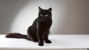 黒猫が座る姿（白テーブルとグレー背景）