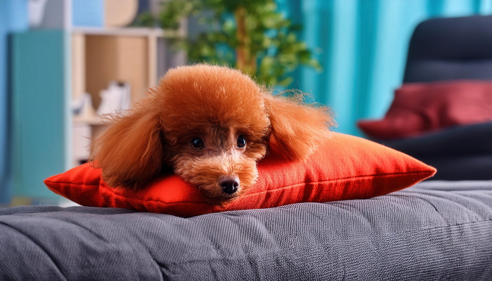 赤いクッションでくつろぐプードル