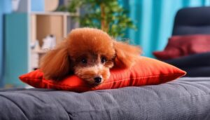 赤いクッションでくつろぐプードル