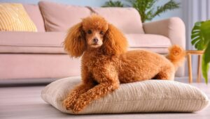 ソファ前のクッションでポーズするプードル