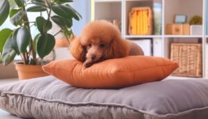 オレンジのクッションにうずくまるプードル