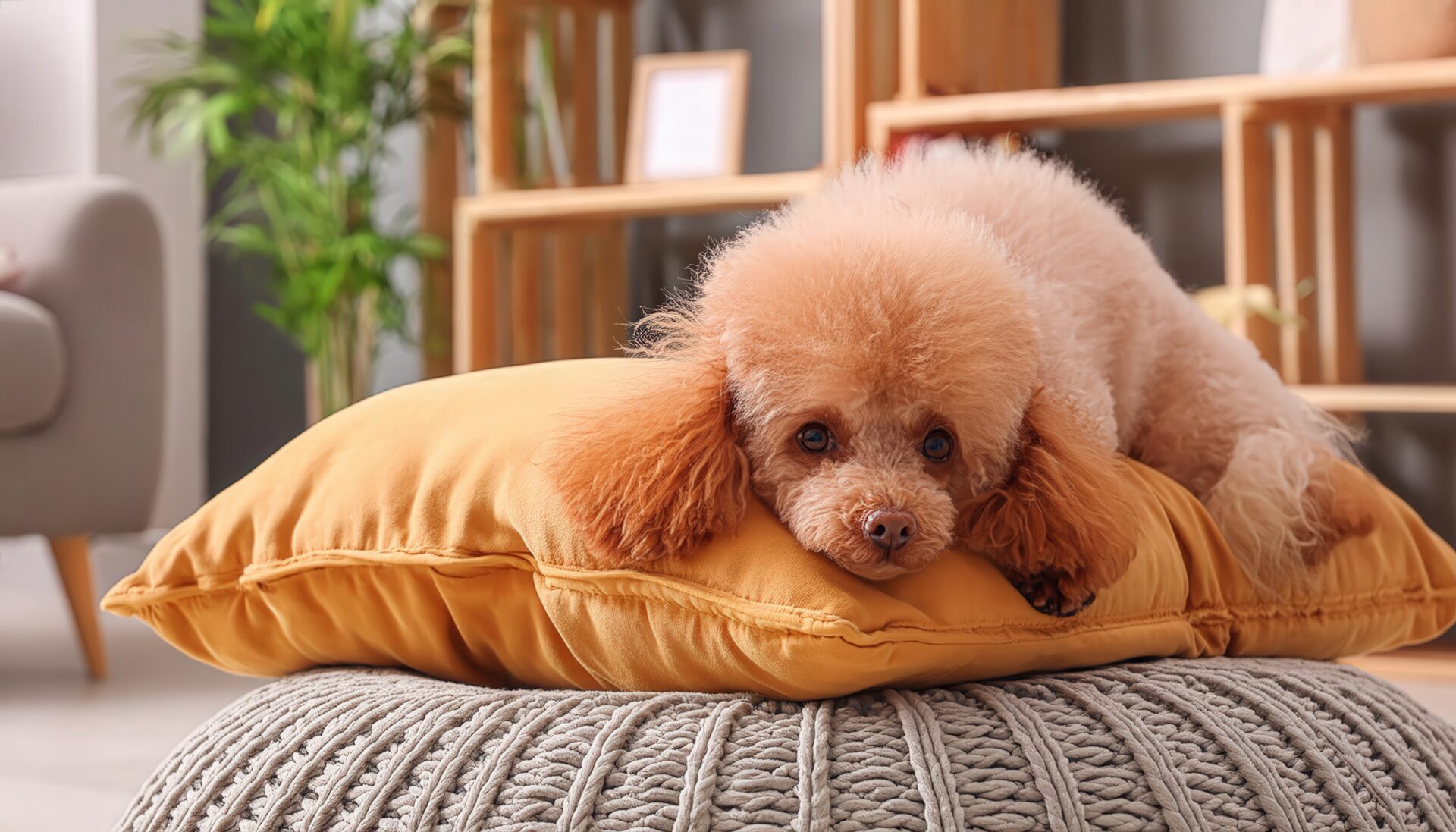 黄色いクッションに寄りかかるプードル