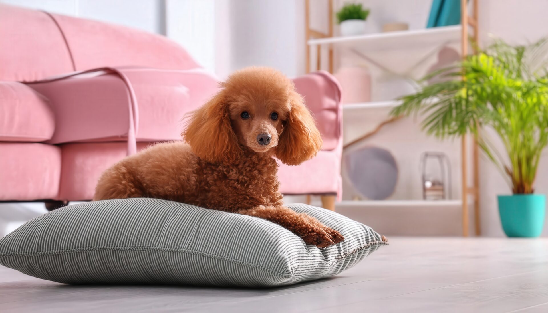 ピンクソファの前で座るプードル