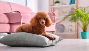 ピンクソファの前で座るプードル