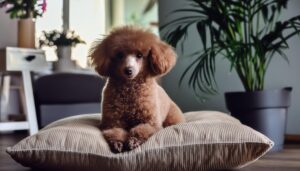 窓辺のクッションに座るプードル