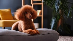 グレーのクッションに座るプードル