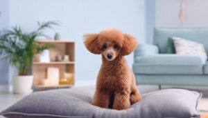 水色の部屋でポーズするプードル