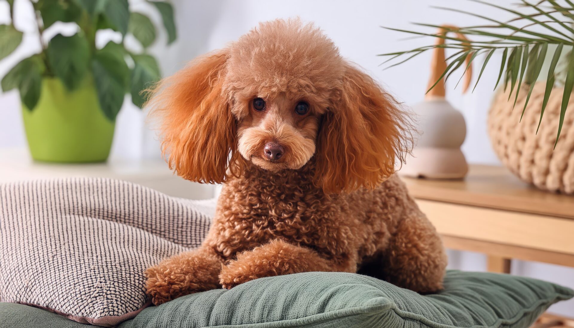 緑のクッションに伏せるプードル