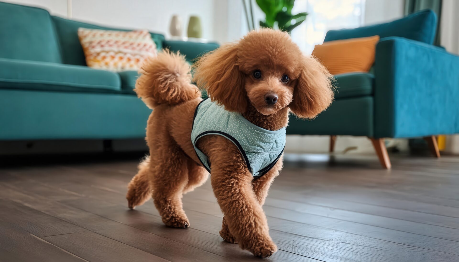 青い服を着たトイプードル