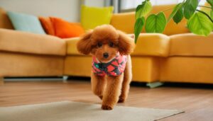 ピンクの服を着たトイプードル