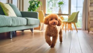 明るい部屋を歩くトイプードル