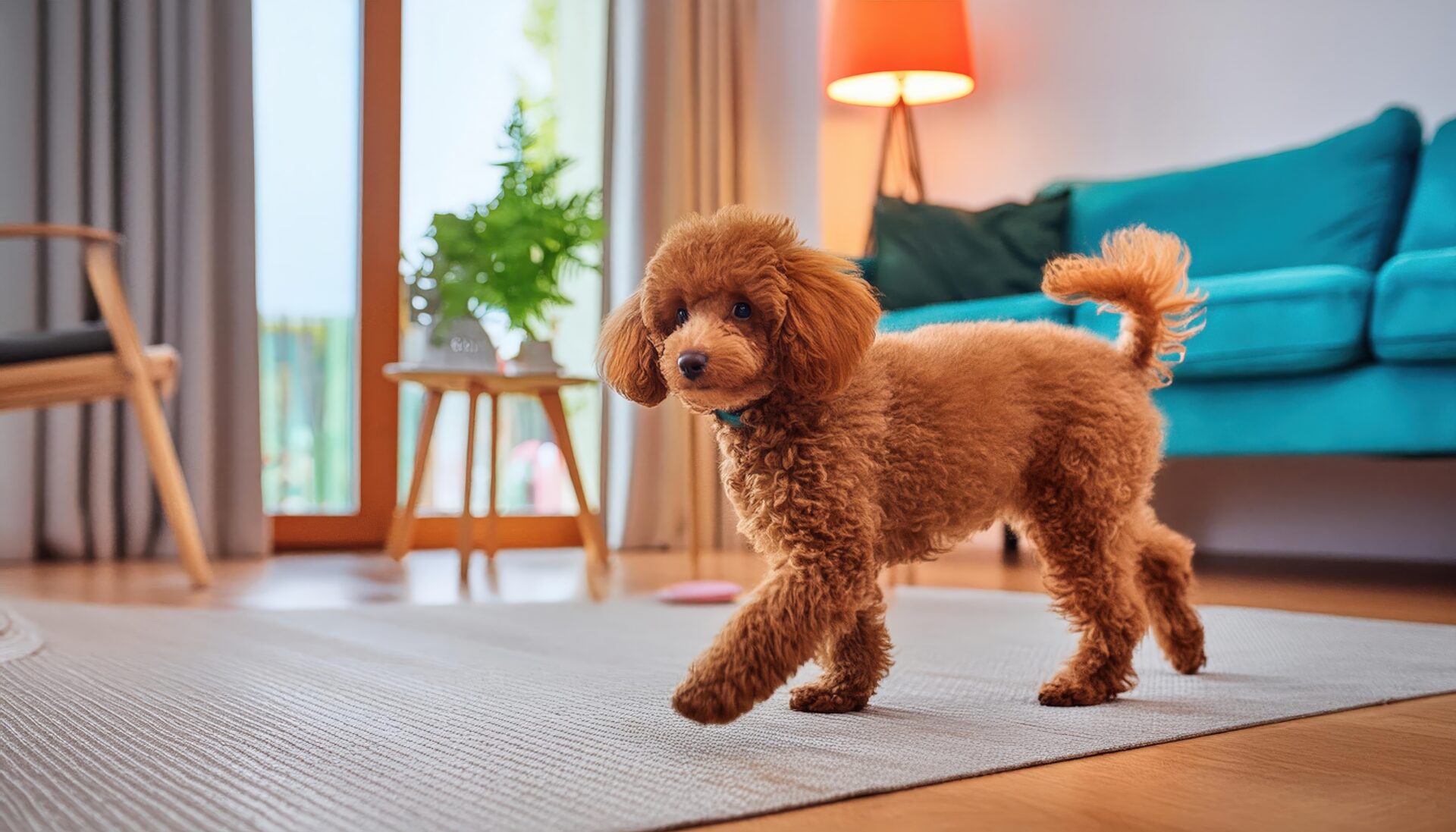 歩いてポーズを決めるトイプードル