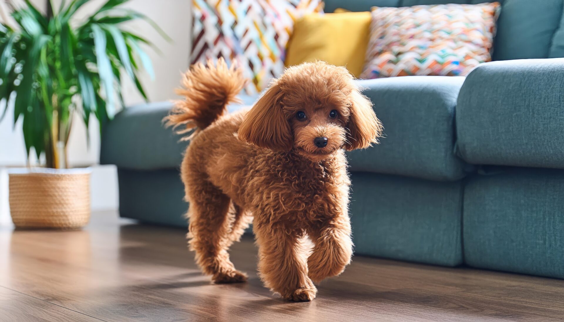 カラフルなクッションとトイプードル