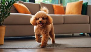 オレンジのクッションとトイプードル