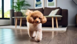 ダークブラウンのソファとトイプードル