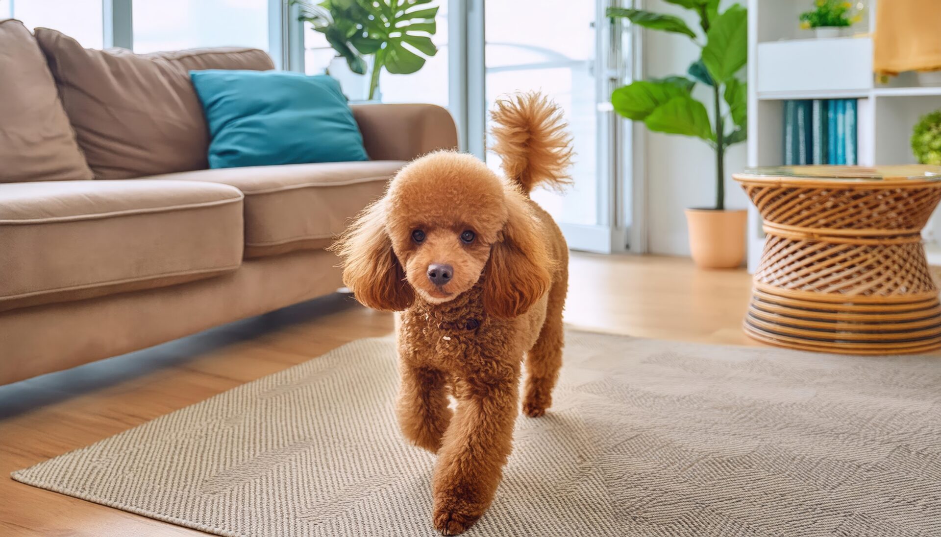 青いクッションと歩くトイプードル